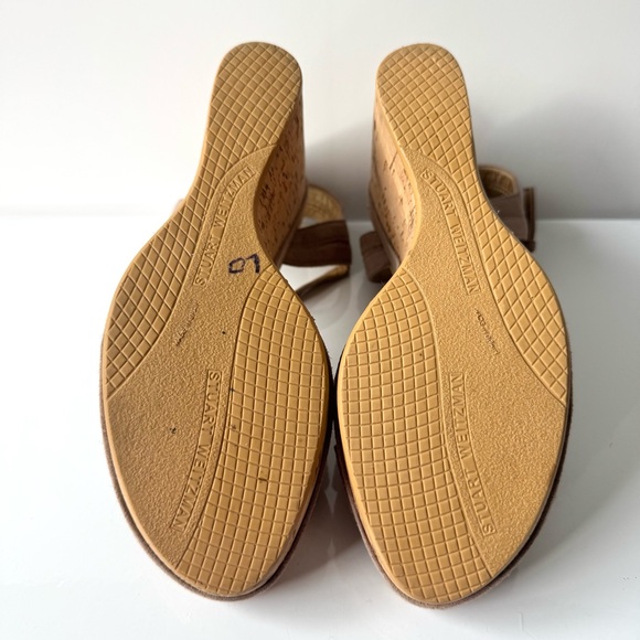 Stuart Weitzman Taupe Suede Ankle Strap Cork Wedge Sandals Size 9.5 M - Picture 11 of 11